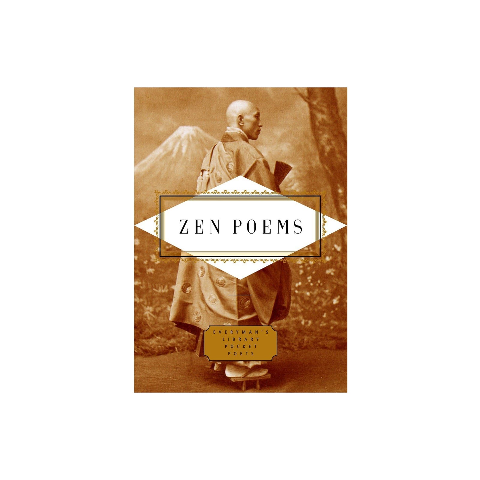 
Book cover of 'Zen Poems' with a sepia-toned image of a person in traditional attire.