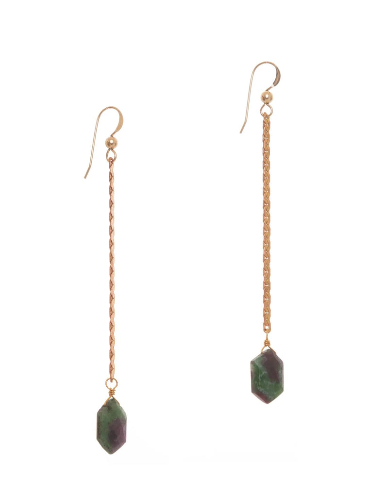 These effortlessly chic earrings feature hand-cut ruby zoisite gemstones suspended from vintage brass chains. Each natural gemstone is unique making no two pairs exactly the same. Materials: Recycled vintage brass, artisan-cut natural ruby zoisite gemstones. 14k gold-fill earwires Dimensions: 3" x 0.25" approx.