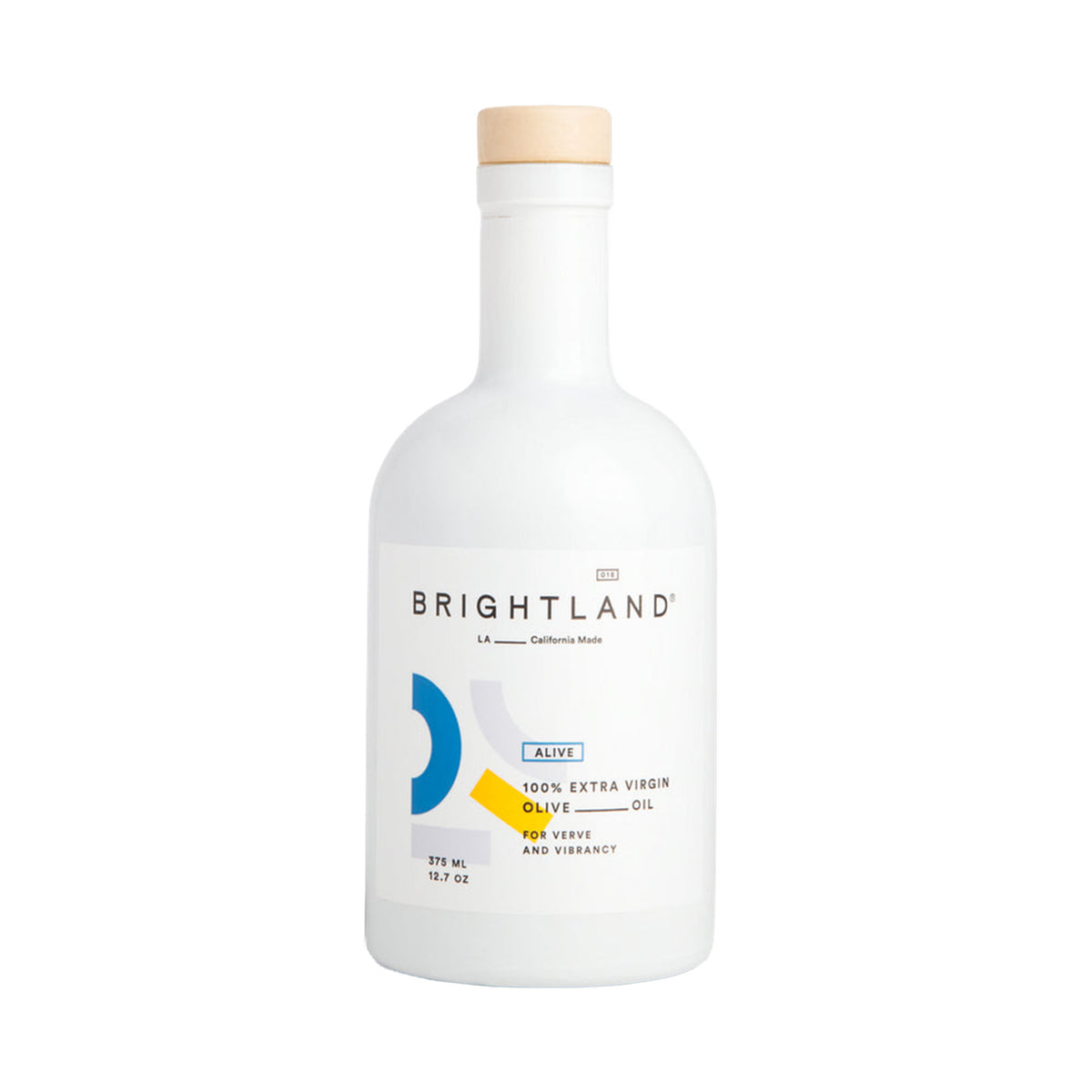 Brightland Alive 100% Extra Virgin Olive Oil in a white glass bottle with a light beige cap, on a solid white background.