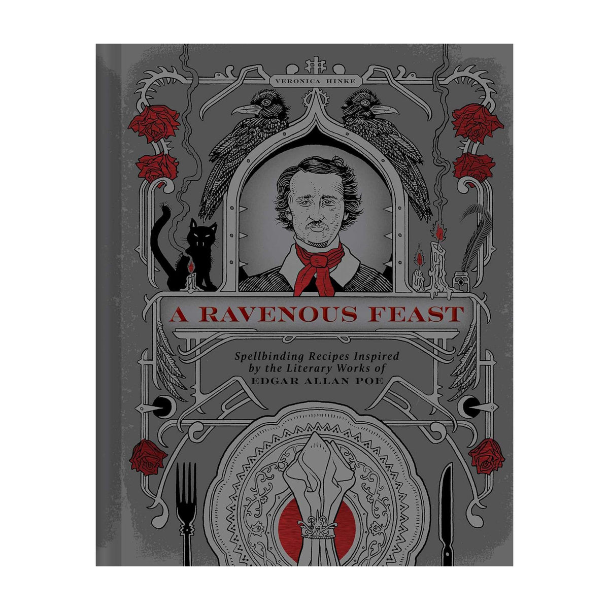 Book cover of &#39;A Ravenous Feast&#39; with decorative elements and portrait of Edgar Allan Poe.