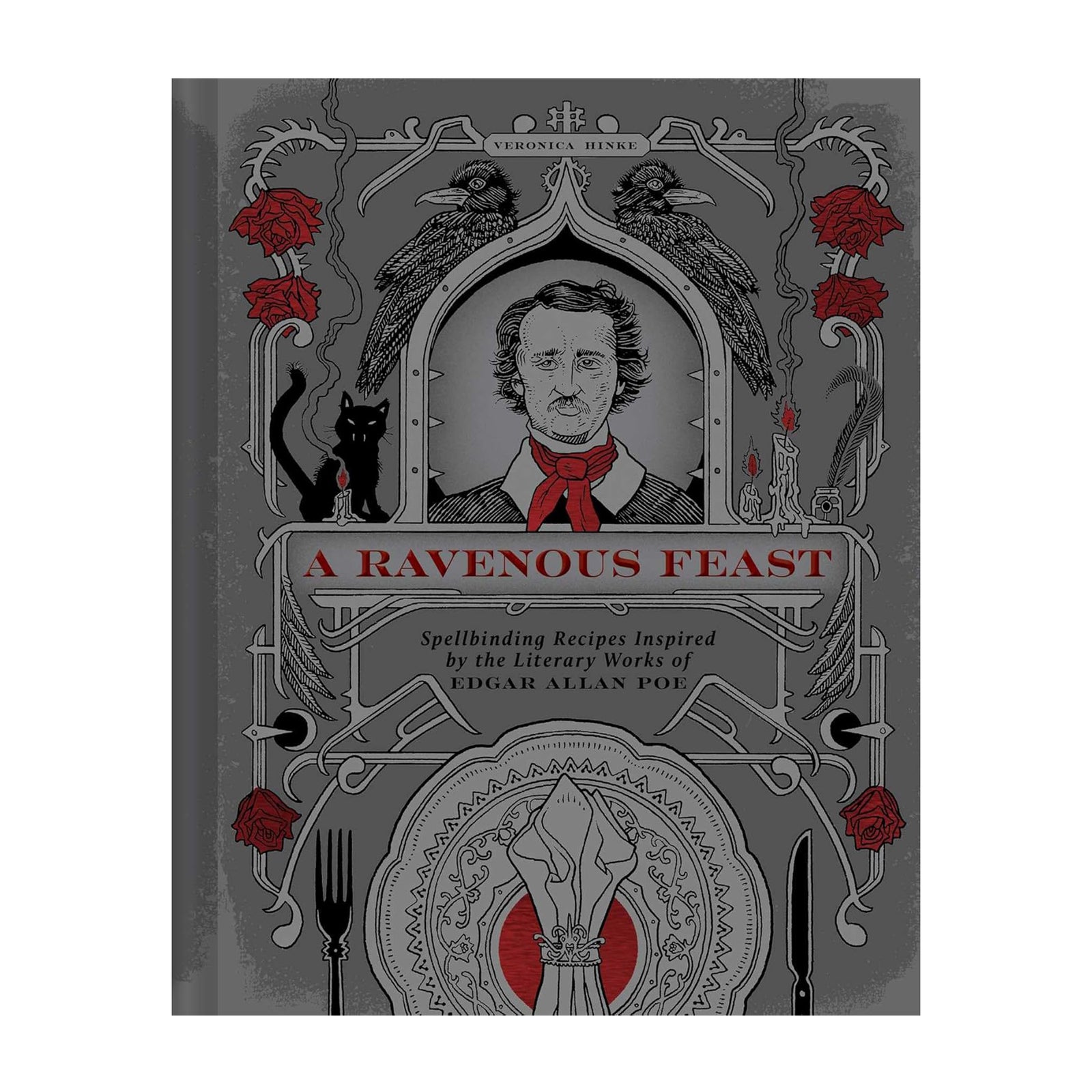 Book cover of 'A Ravenous Feast' with decorative elements and portrait of Edgar Allan Poe.