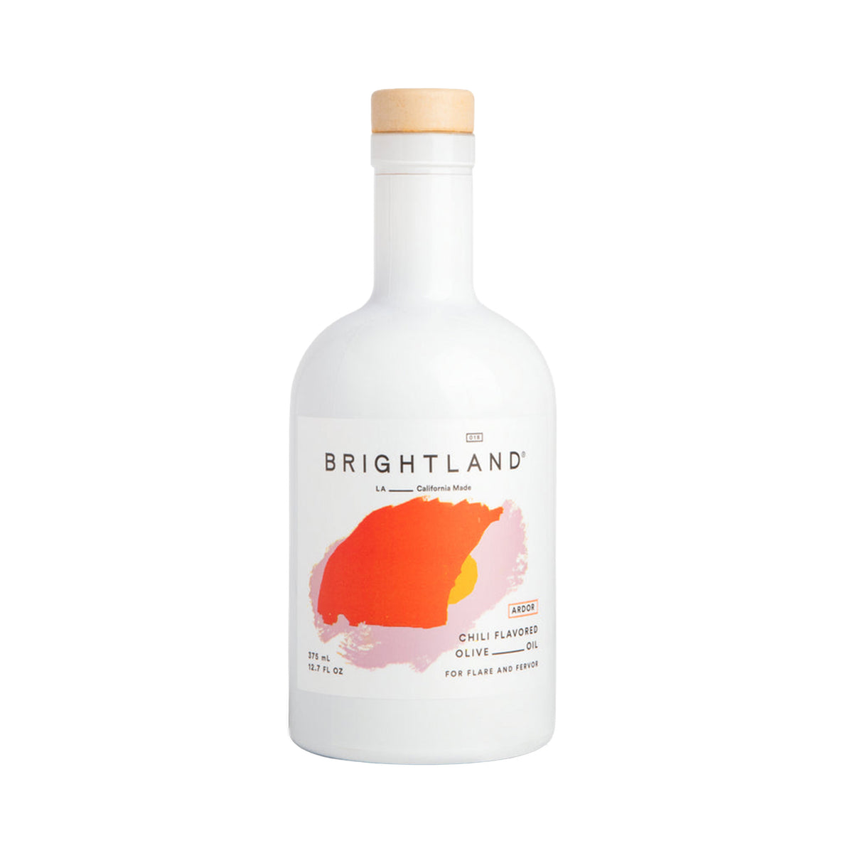 Brightland Chilli Flavouring Olive Oil in a white bottle with a light wood cap, featuring a colorful orange and pink label on a white background.