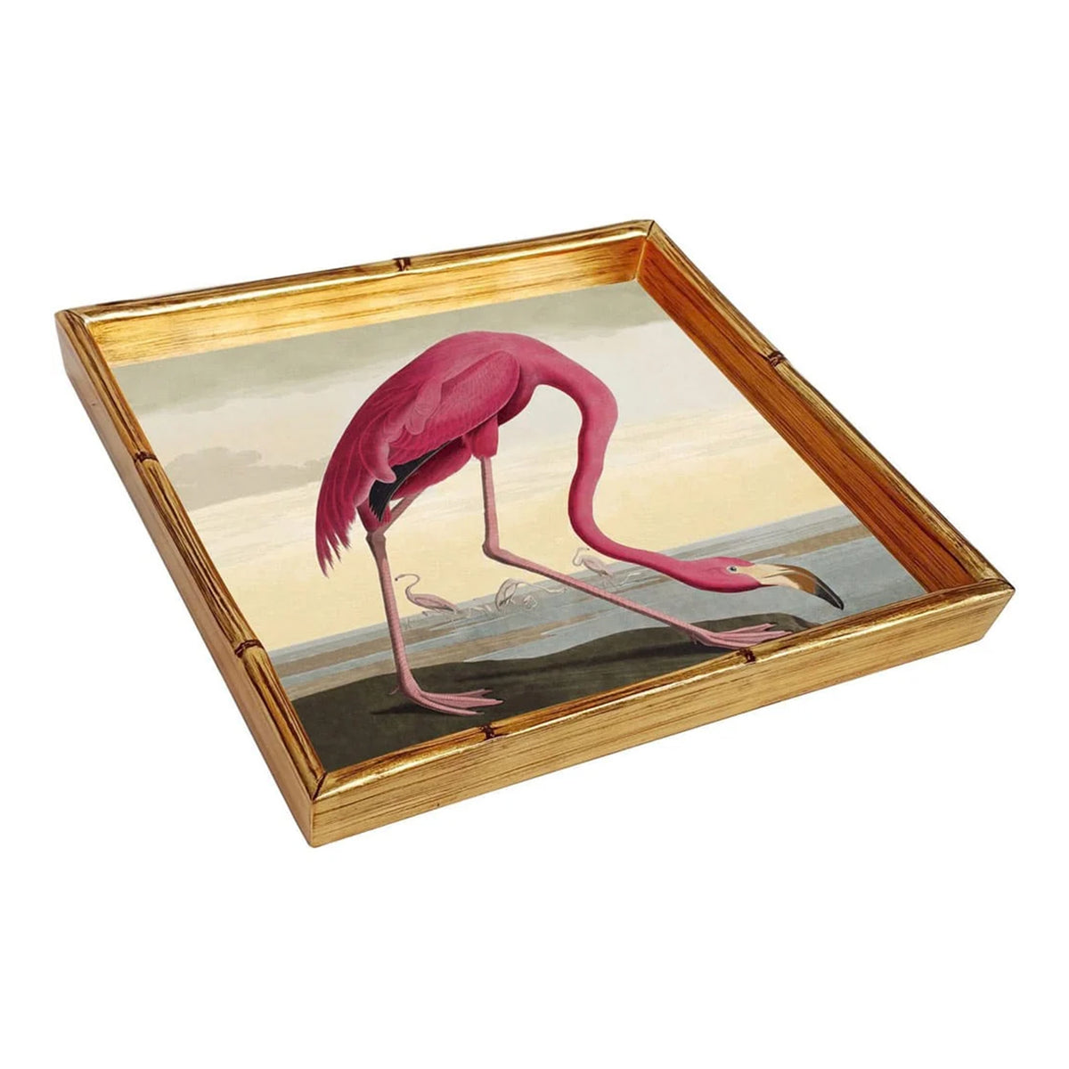 A square decorative tray featuring a vintage-style illustration of a pink flamingo by John James Audubon standing in shallow water, surrounded by a polished gold-toned wooden frame.