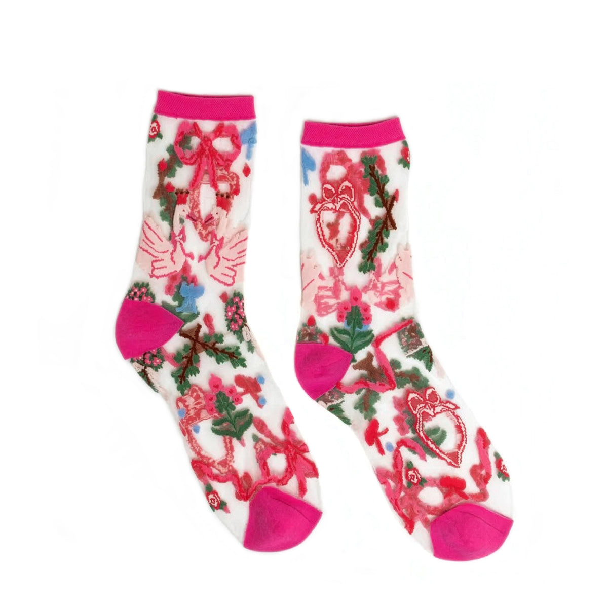 Pair of festive socks with pink accents on a white background