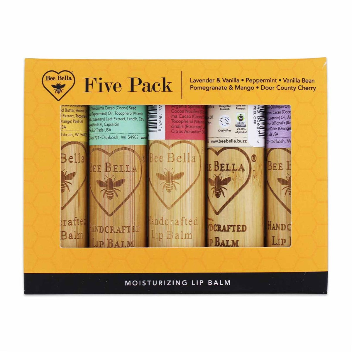 Dry lips got you down? This pack of five gorgeously scented and flavored lip balms are made from natural beeswax to ensure your lips are hydrated and smelling fresh and sweet! Hand poured, natural beeswax lip-balm Made in Wisconsin, USA .Packaged in a sustainable bamboo tube.