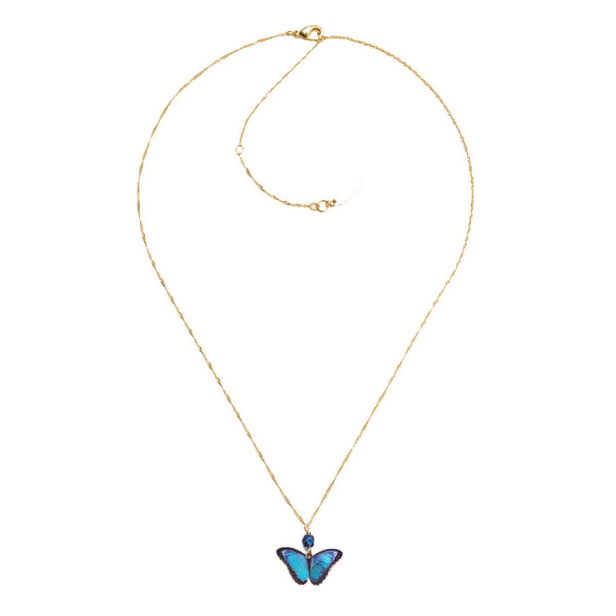 Gold necklace with a blue butterfly pendant on a white background