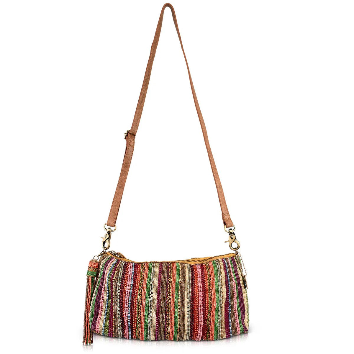 Multicolored striped handbag with brown leather straps on a white background