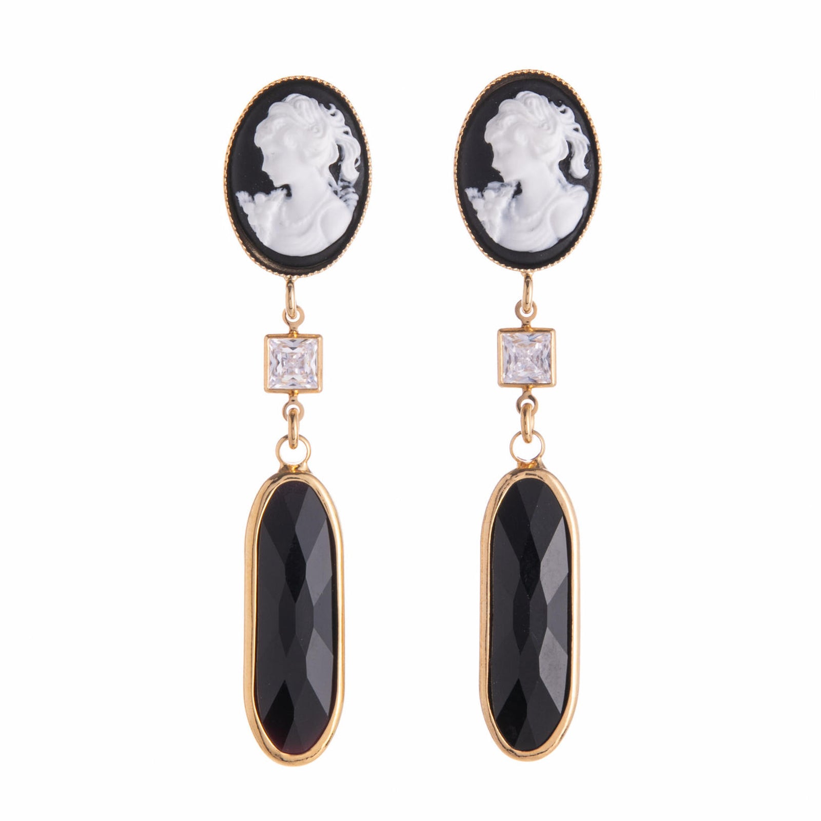 Embrace modern and vintage style simultaneously with these cameo earrings! Using the historically beautiful cameo motif, this raised design with dangling jewels adds a stunningly elegant touch to your look. 