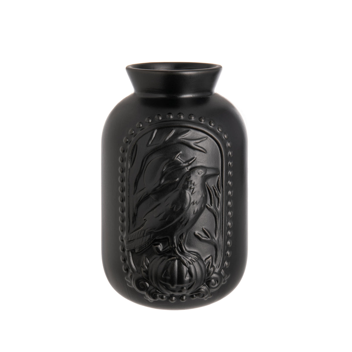 Black vase with a bird design on a white background