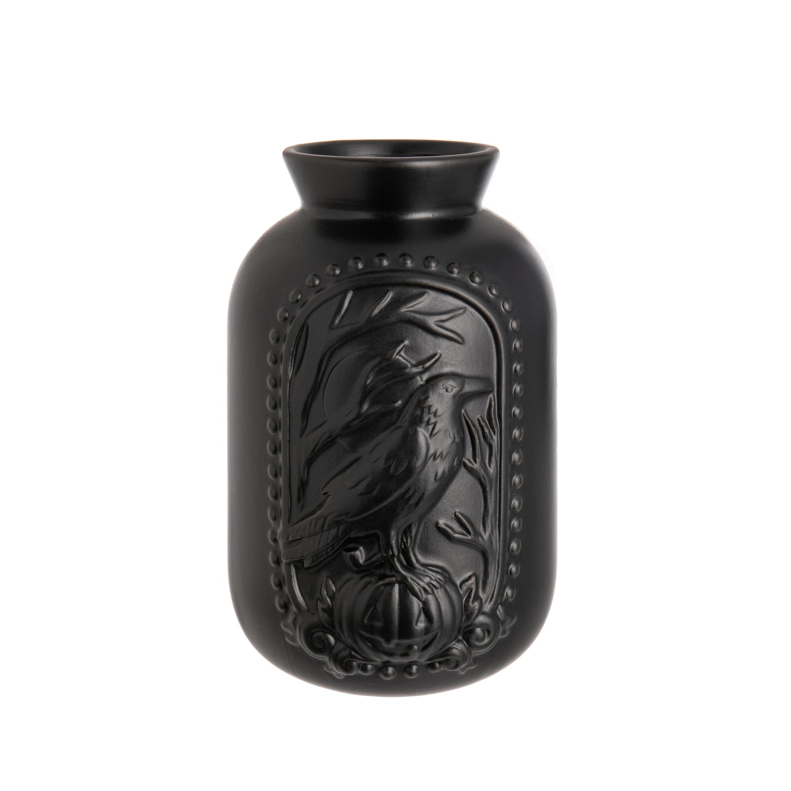 Black vase with a bird design on a white background