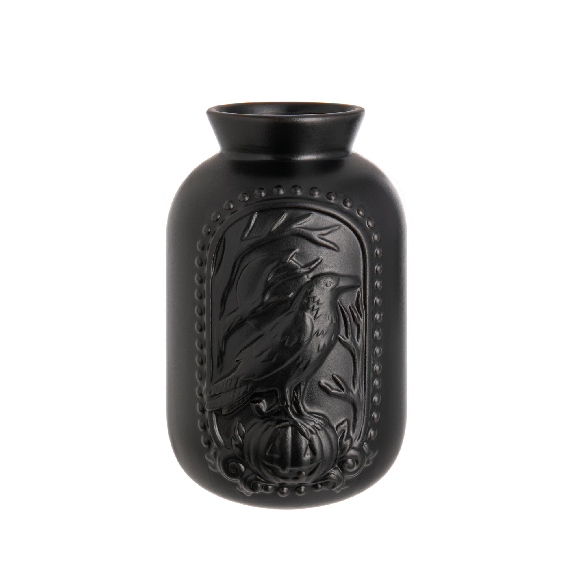 Black vase with a bird design on a white background