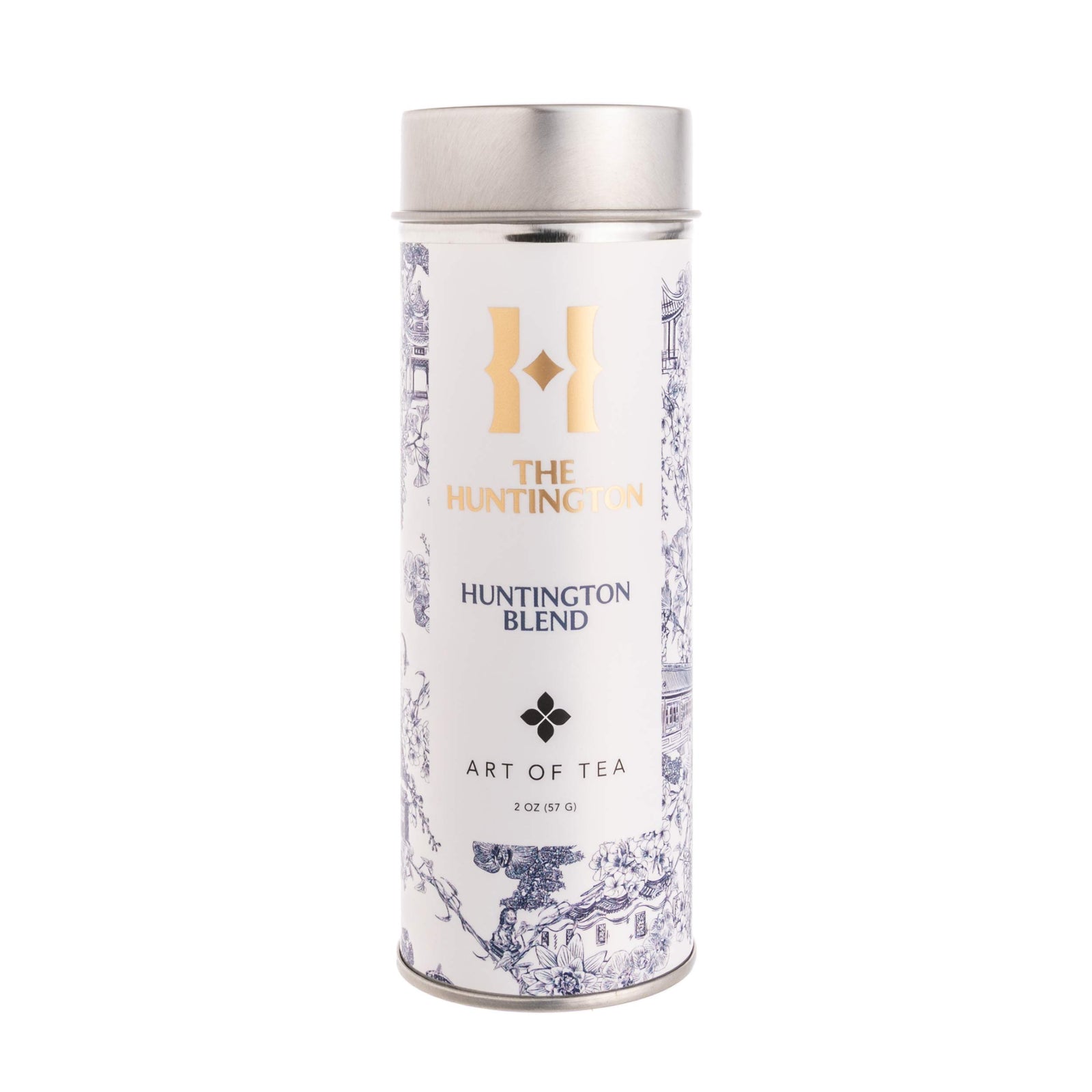 A canister of Huntington Blend tea with a label featuring a classic toile pattern.