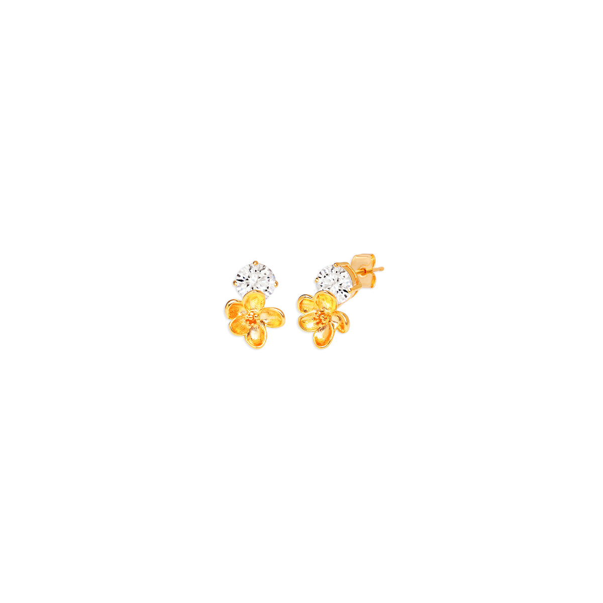A pair of gold flower stud earrings with clear round-cut gemstones, shown on a plain white background.