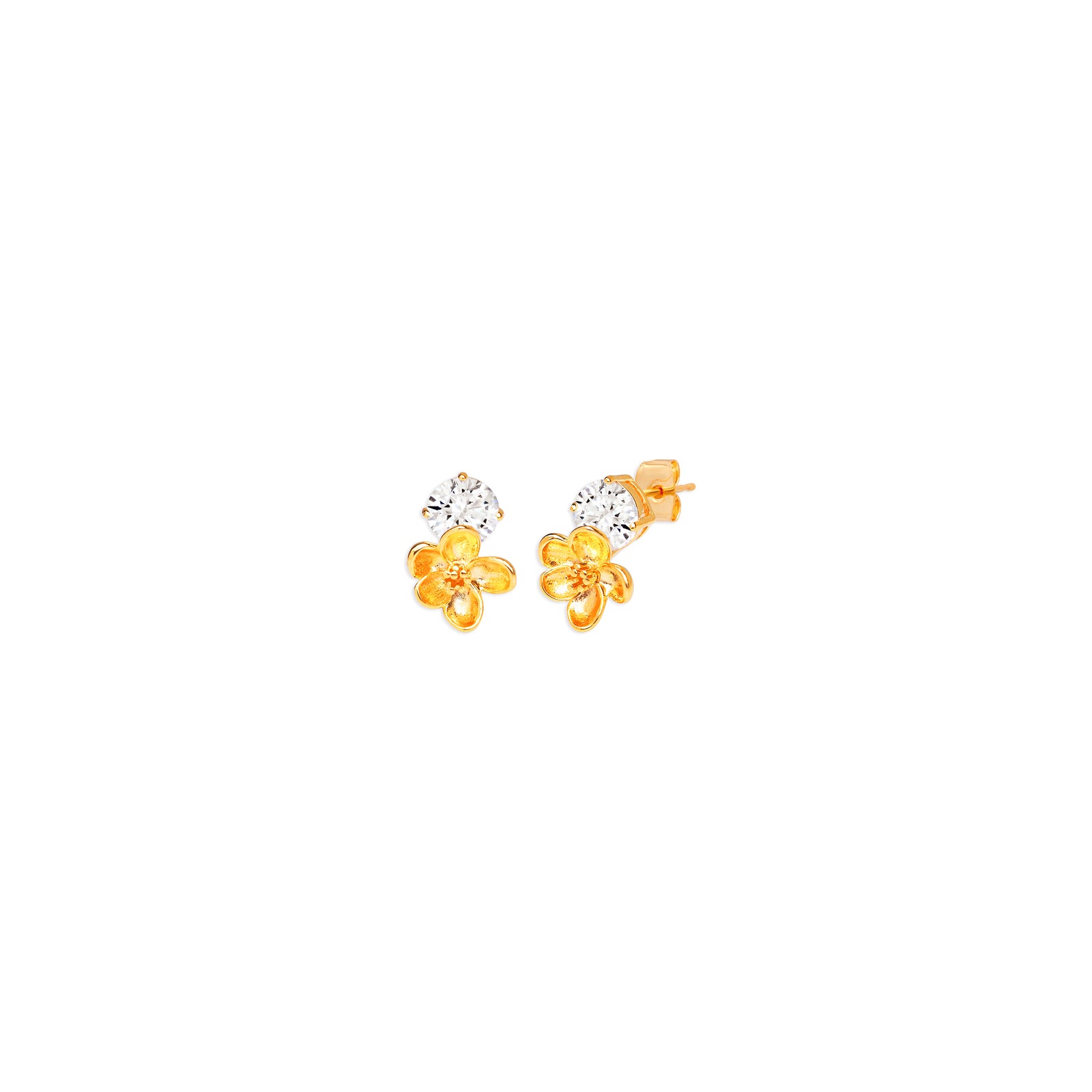 A pair of gold flower stud earrings with clear round-cut gemstones, shown on a plain white background.