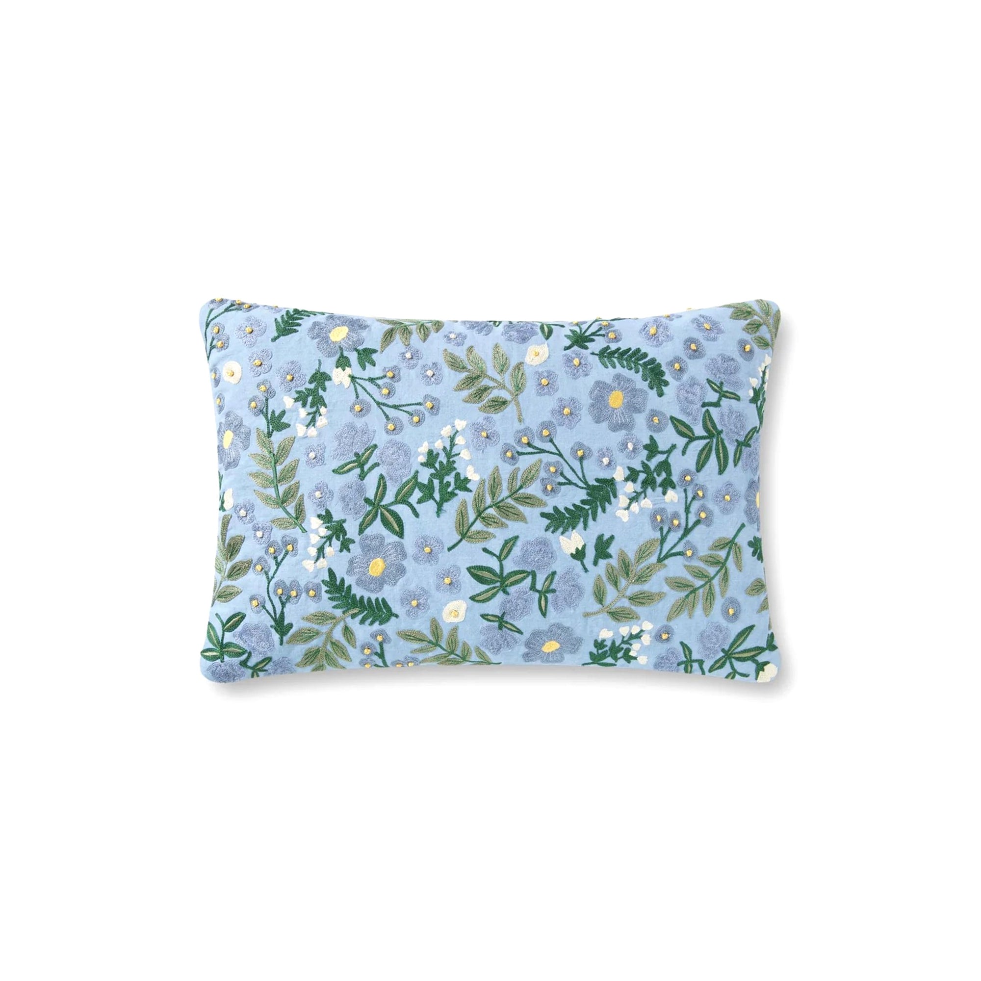 Pretty periwinkle blue lumbar pillow with woodland wildflower embroidery, French knots, cotton, linen, polyester, 21" x 13", down-filled insert, zipper closure.