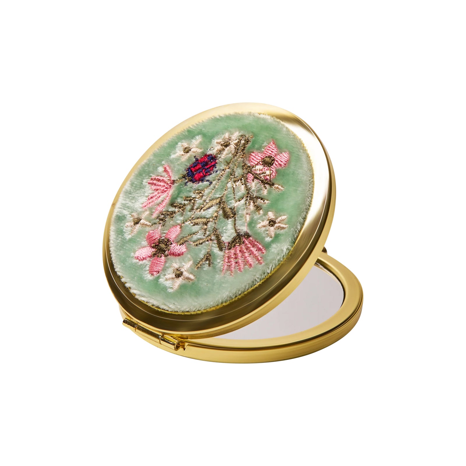 Luxurious aqua boutique mirror with delicate embroidery. Perfect for vanity, bag, or travel. 100% polyester velvet, metal shell. 2.75" x 2.75".