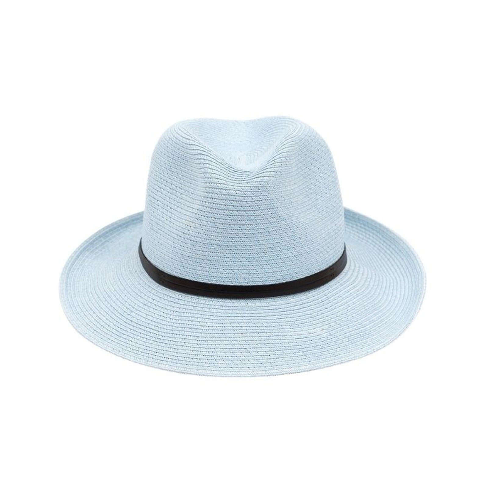 Light blue straw hat with a black band on a white background