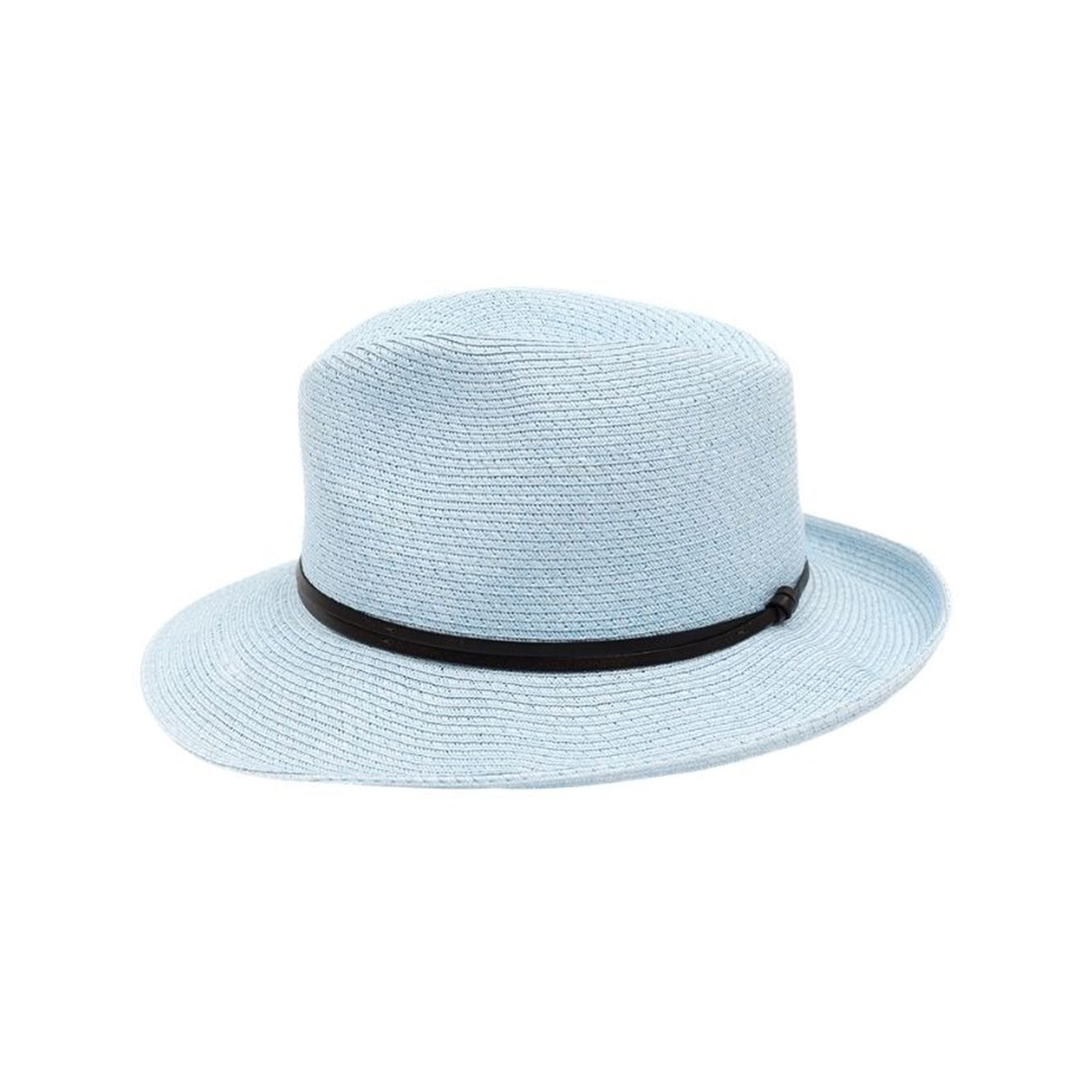 Light blue straw hat with a black band on a white background