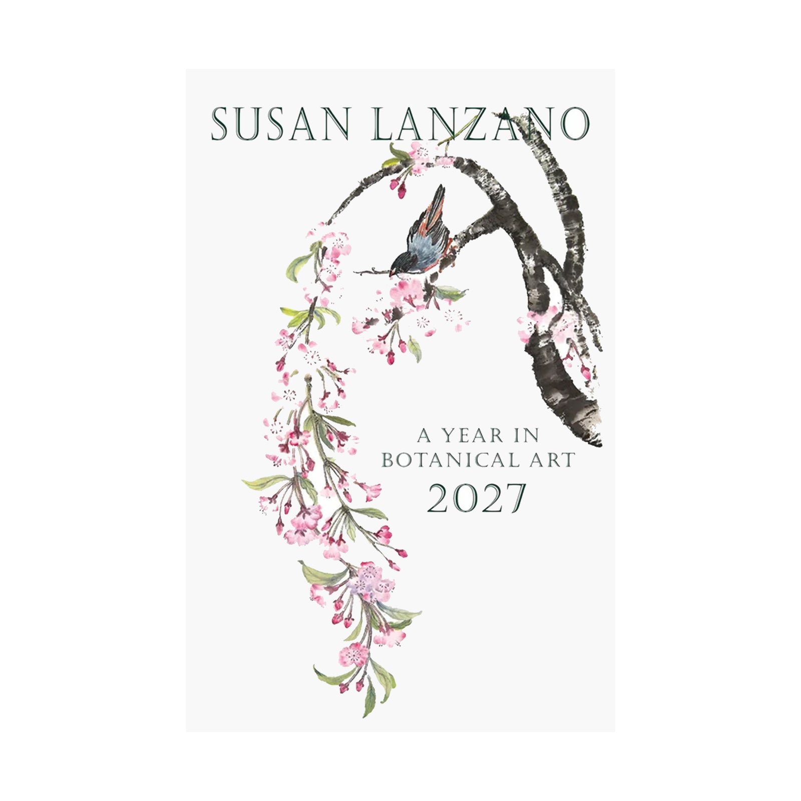 2027 calendar with floral design and bird illustration by Susan Lanzano on a white background