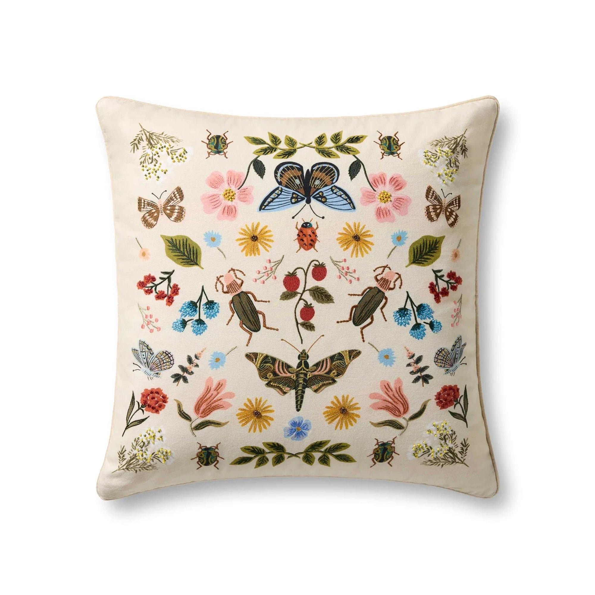 Curio pillow with metallic embroidery and French knots, featuring pollinators and plants. Adds color to any room. Polyester canvas. 22" x 22". 