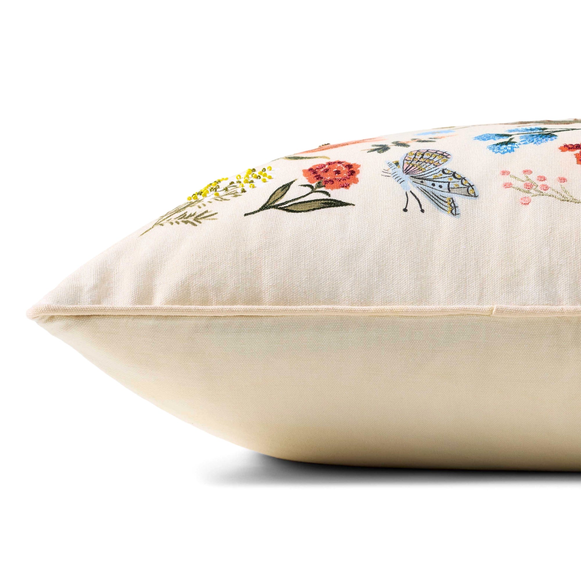 Curio pillow with metallic embroidery and French knots, featuring pollinators and plants. Adds color to any room. Polyester canvas. 22" x 22". 