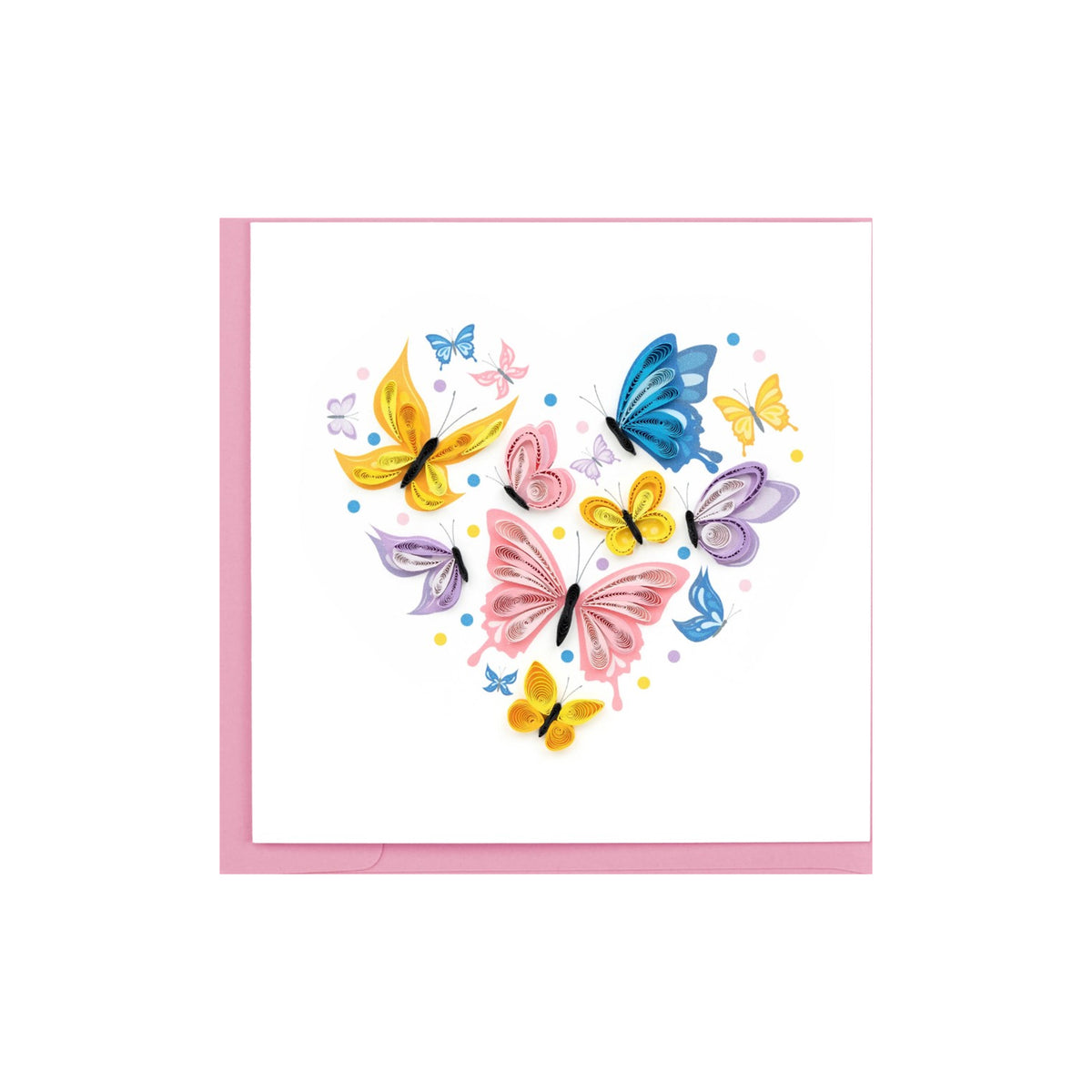 Card with colorful butterflies forming a heart shape on a white background