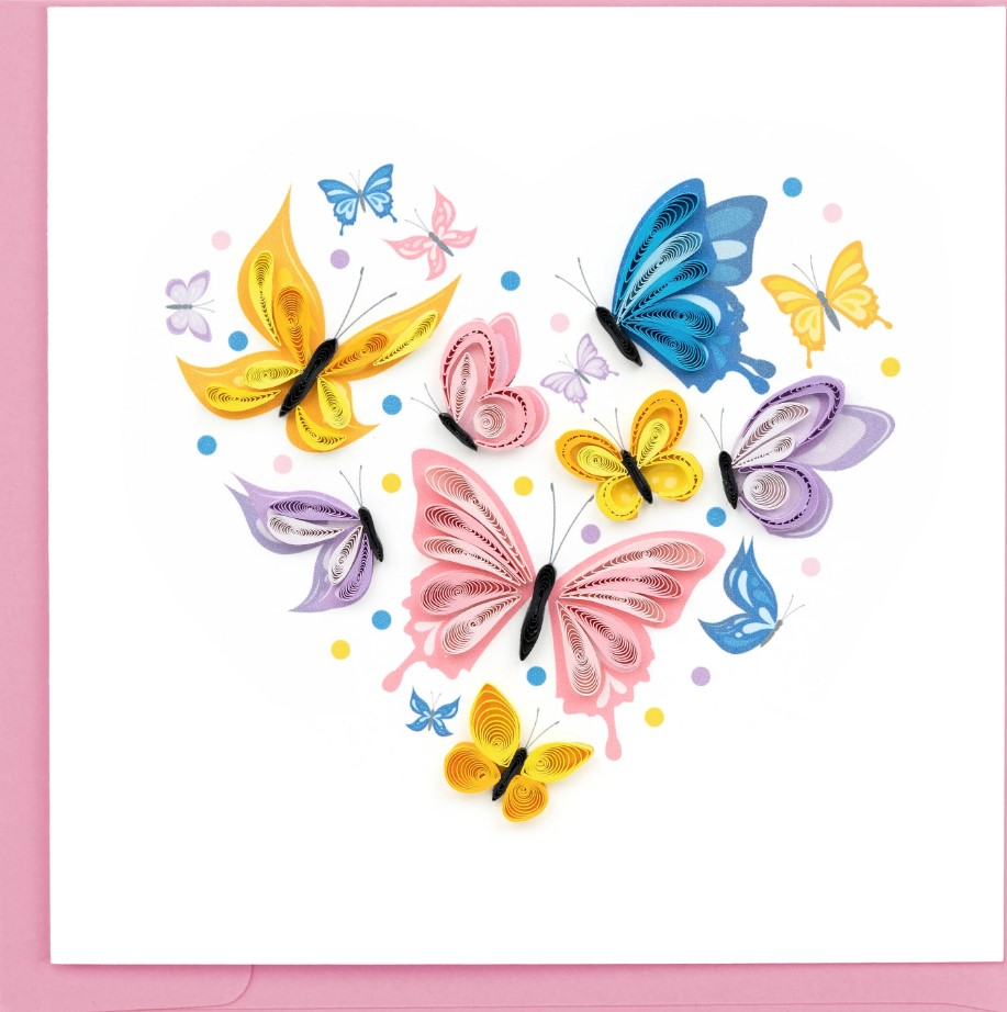This greeting card design includes quilled butterflies in blue, pink, purple and yellow fluttering together to form a heart. Each quilled card is handmade by a skilled artisan and takes over an hour to create. Outside Copy: Blank Inside Copy: Blank. Size: 6 in. x 6 in. Envelope Color: Pink. Fair Trade.