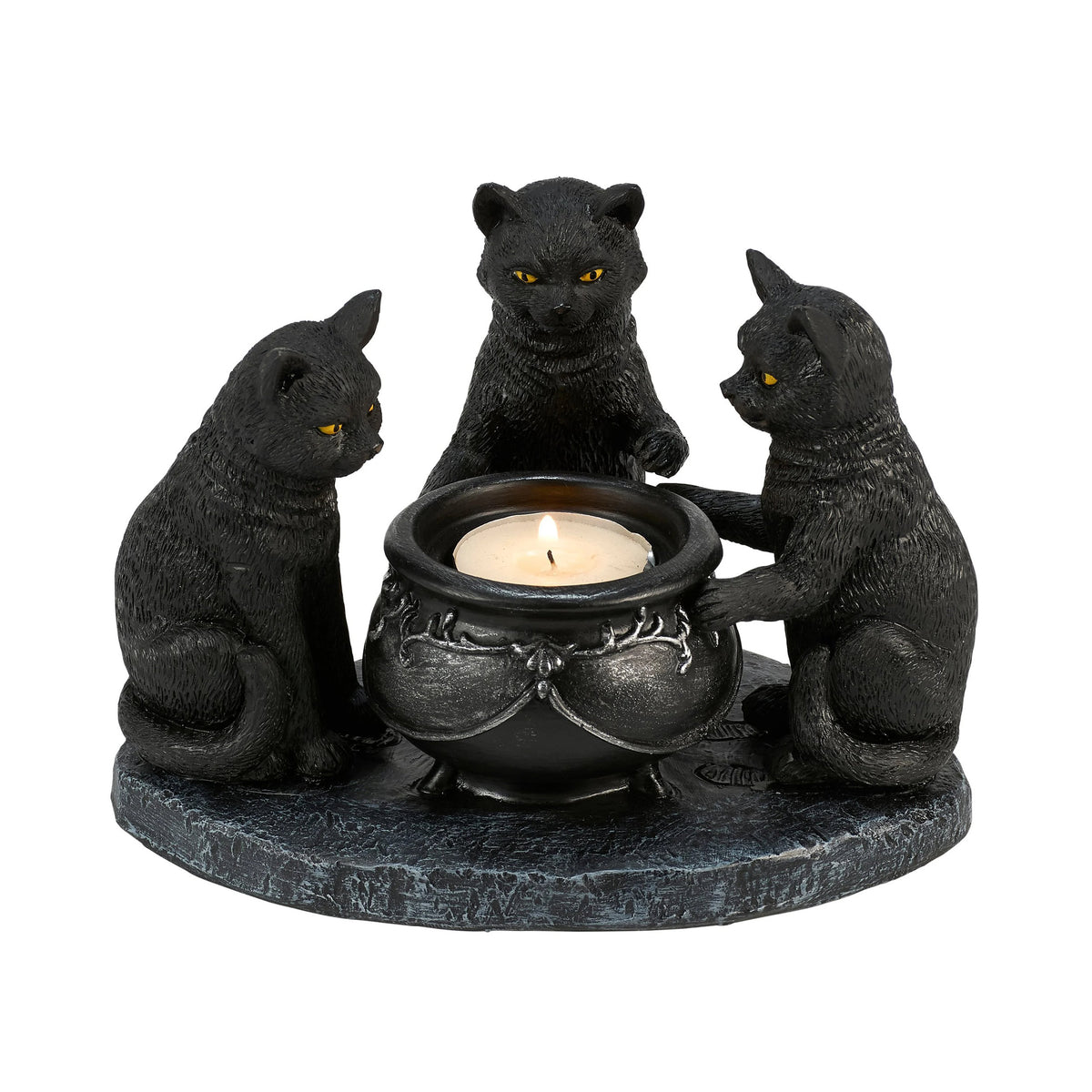 Black cat figurine around a candle holder on a white background
