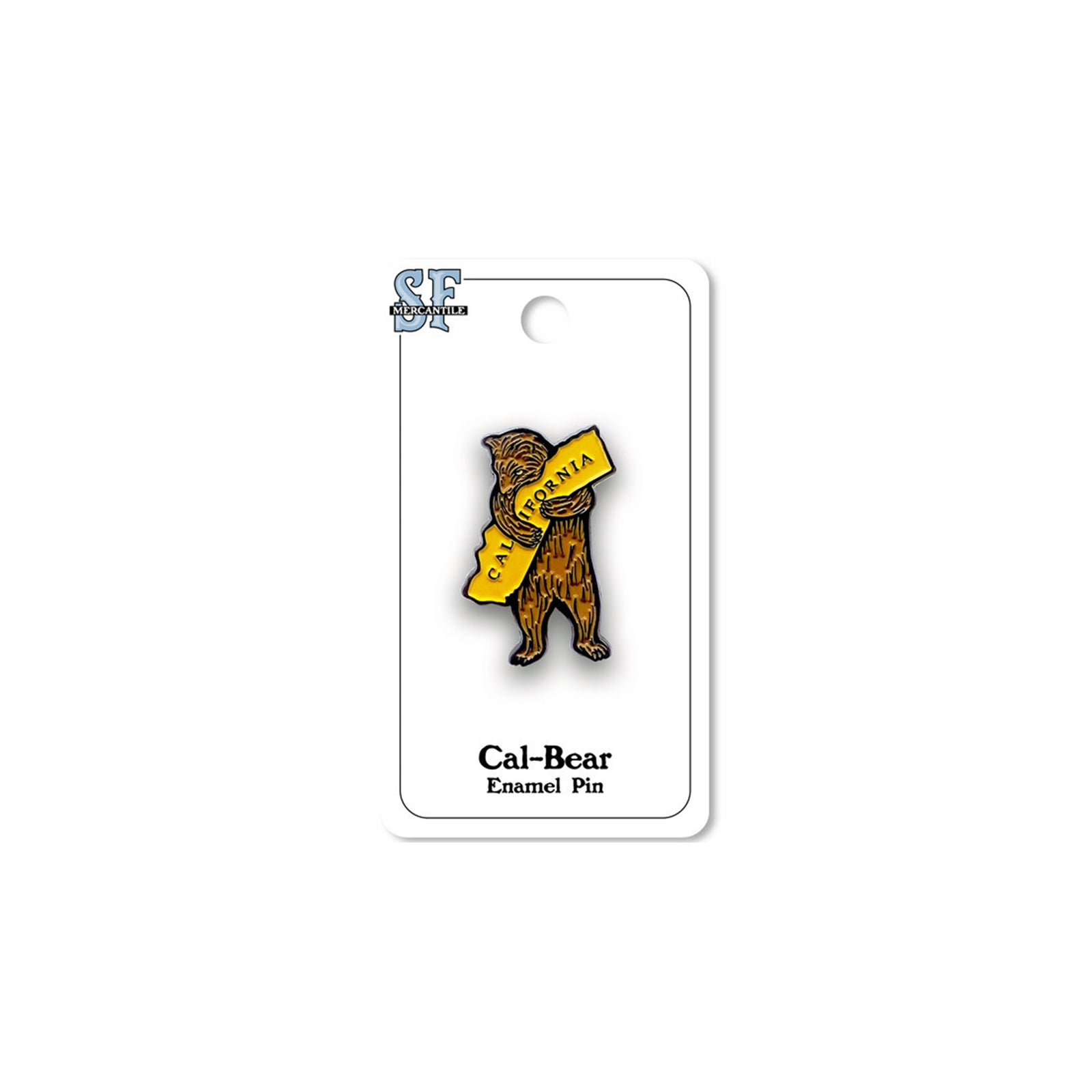 A brown bear enamel pin holding a yellow sign that reads 'CALIFORNIA' on a white backing card, photographed on a plain white background.