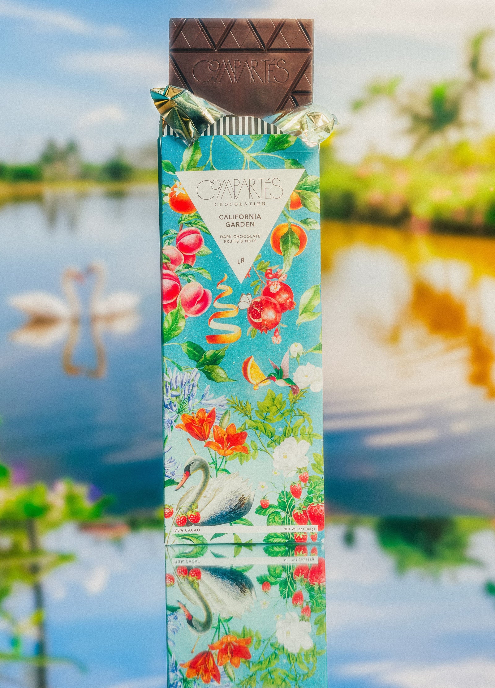 Indulge in all the beautiful flavors and textures of a California summer garden with this vegan dark chocolate bar. Studded with a variety of fruits and nuts from California’s best farmers markets and gardens, every delightful bite will encompass the vibrant and tangy flavors of summer.