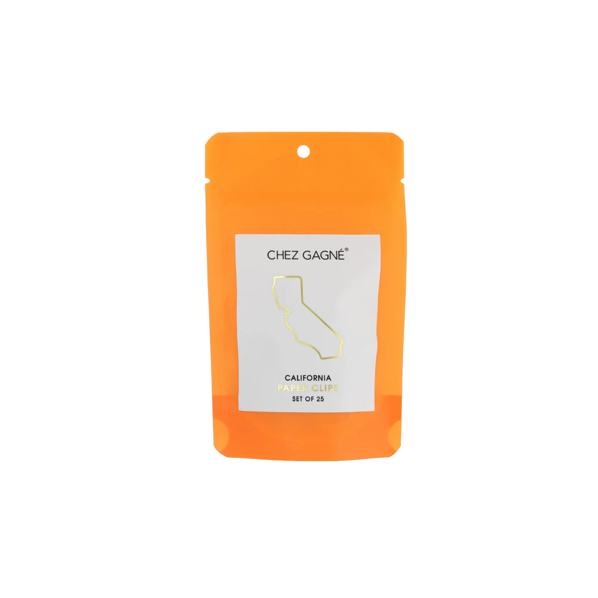 Orange package  containing California state-shaped paperclips with Chez Gagne branding on a white background