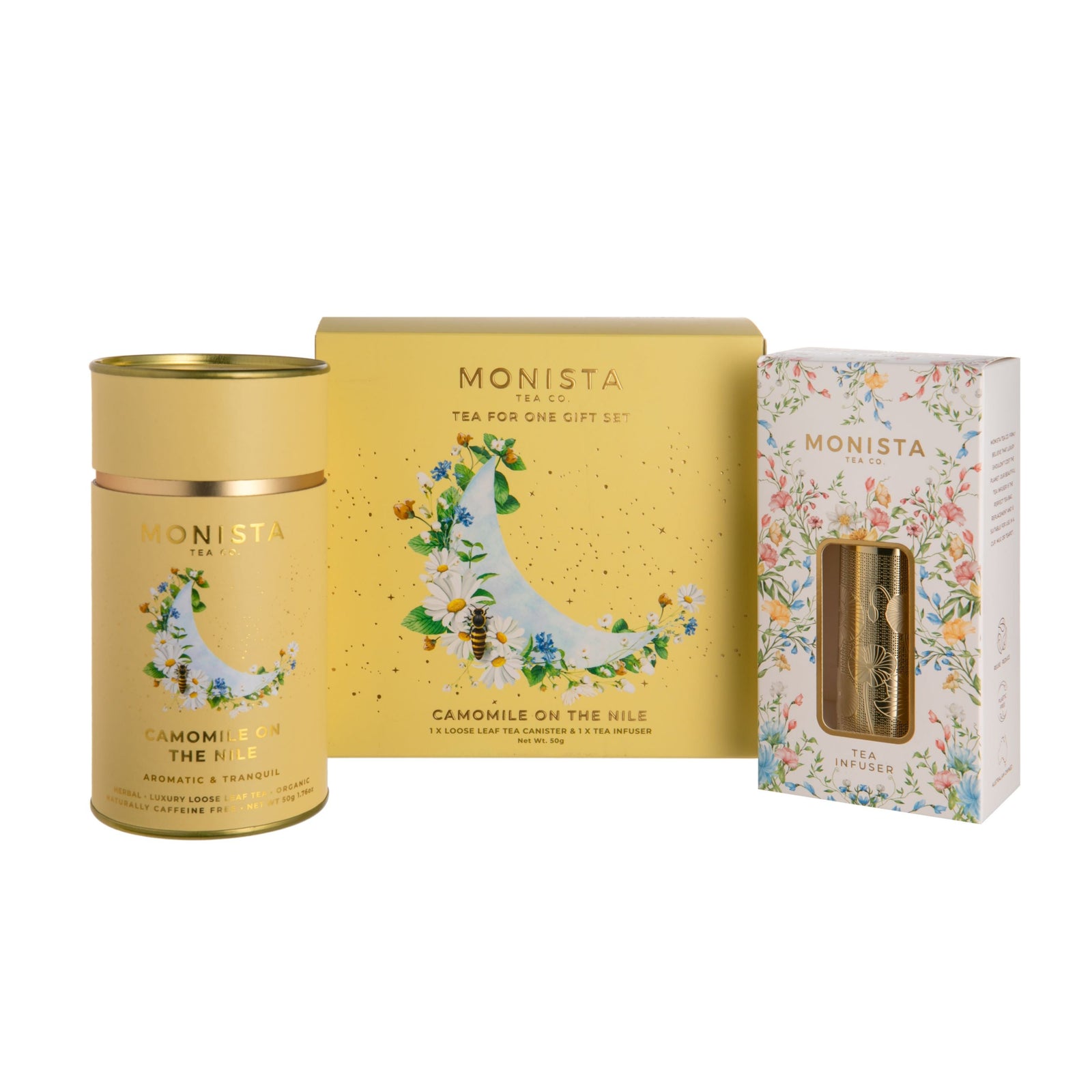 Monista tea set with chamomile tea, tea infuser and gift box on a white background