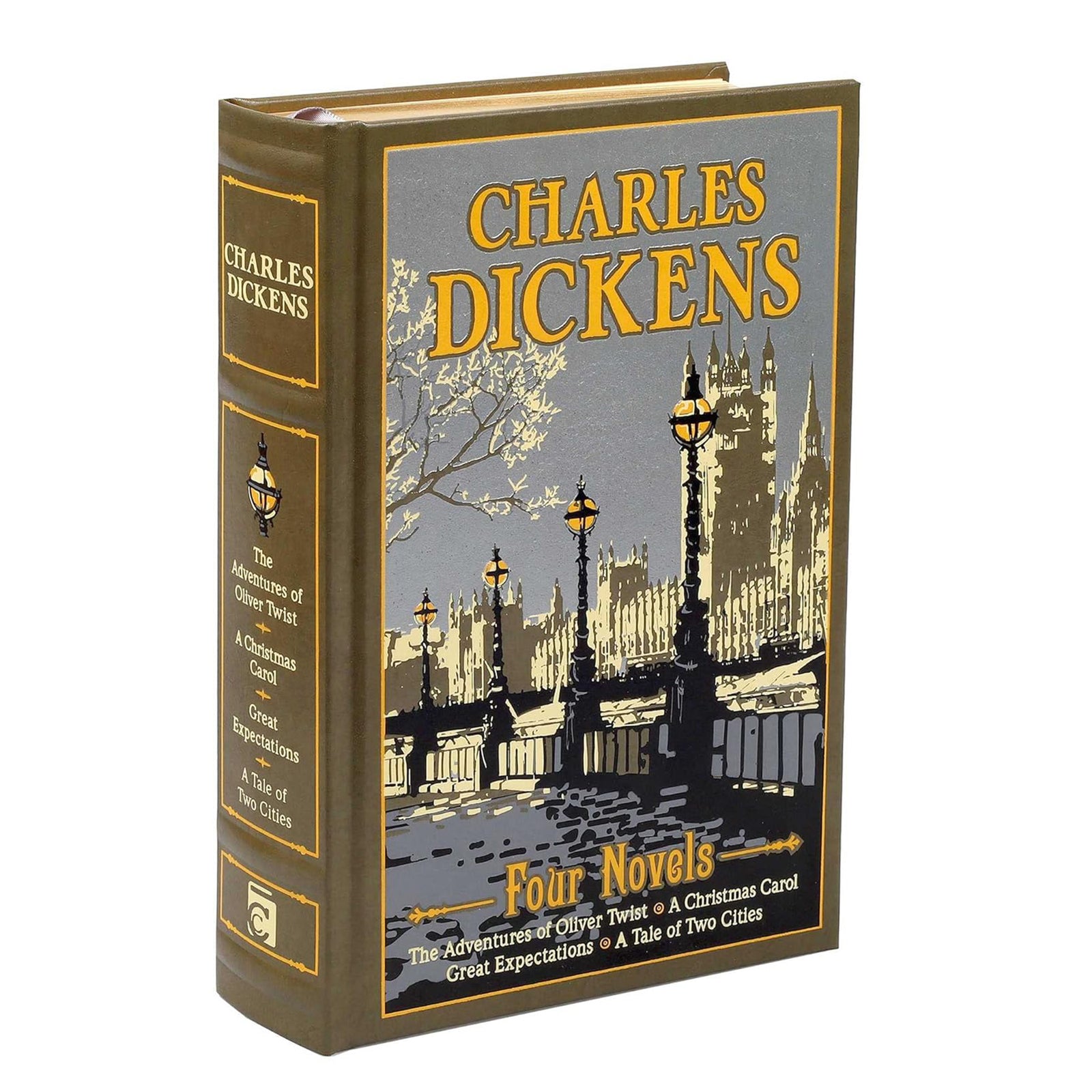 Book cover of Charles Dickens' works with a cityscape illustration on a white background