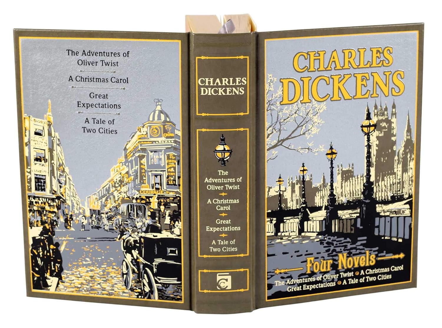 Book cover of Charles Dickens' works with a cityscape illustration on a white background