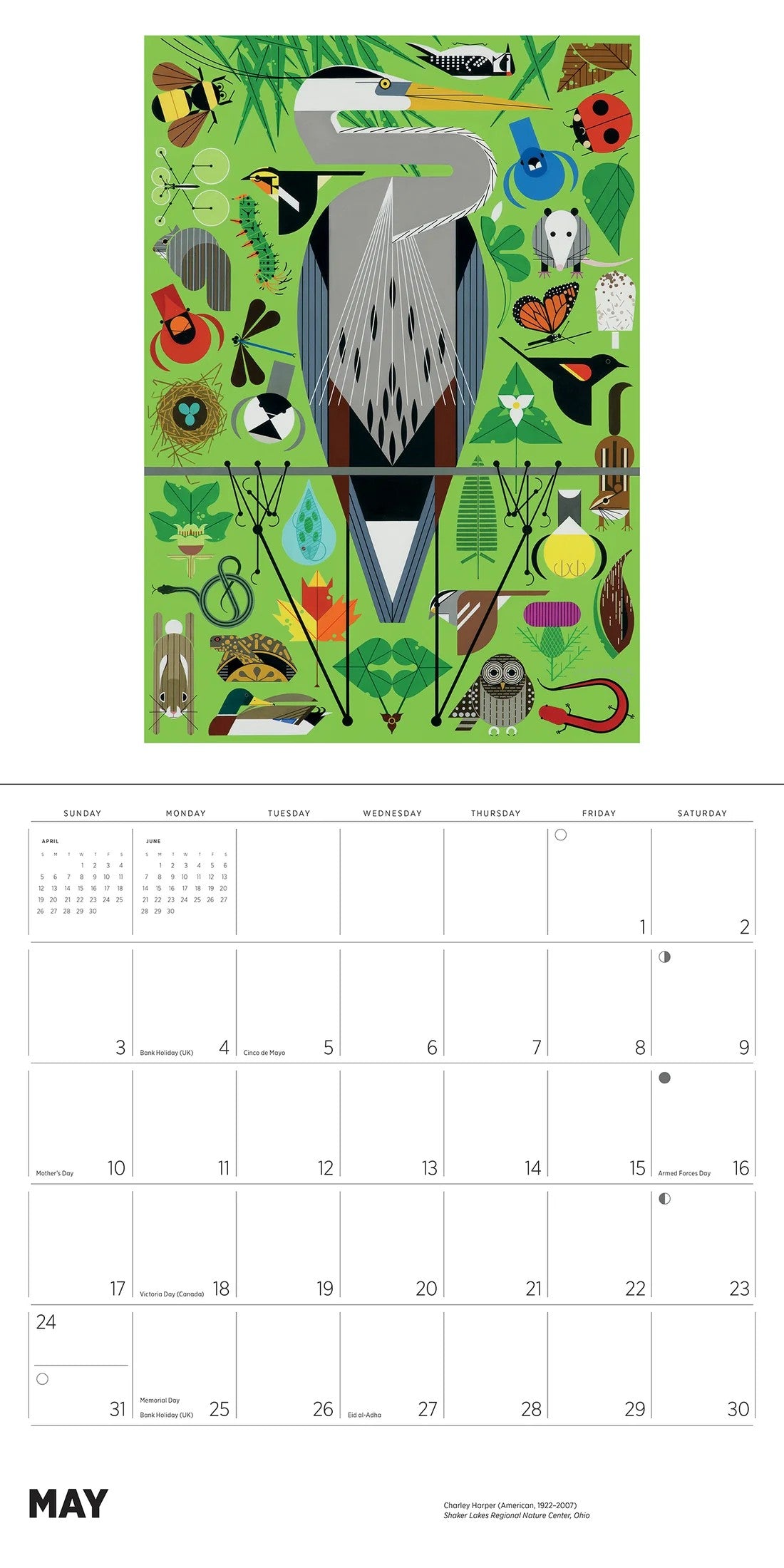 2026 Charley Harper calendar with colorful illustrations on a blue background