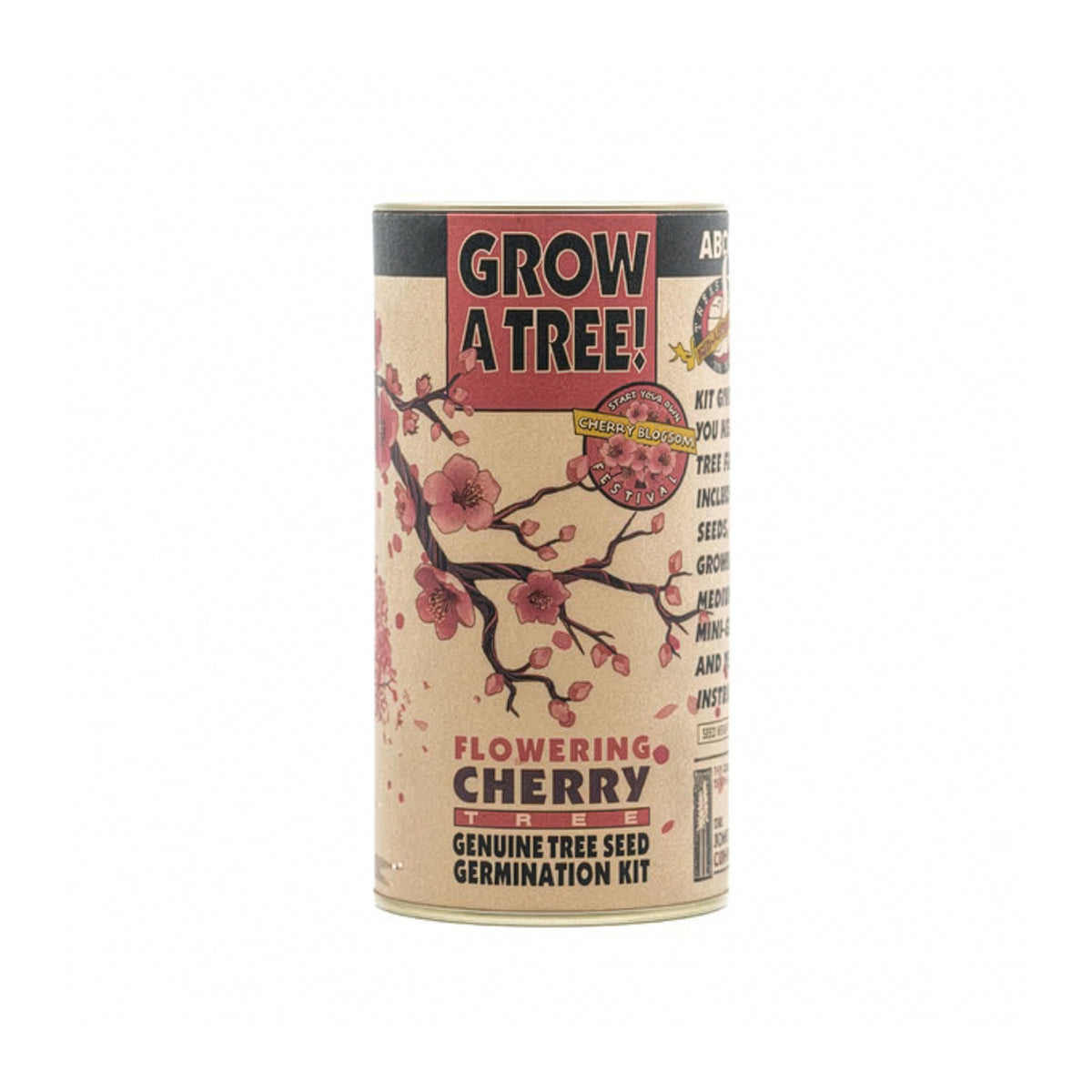 Canister labeled 'Grow a Tree! Flowering Cherry' on a white background