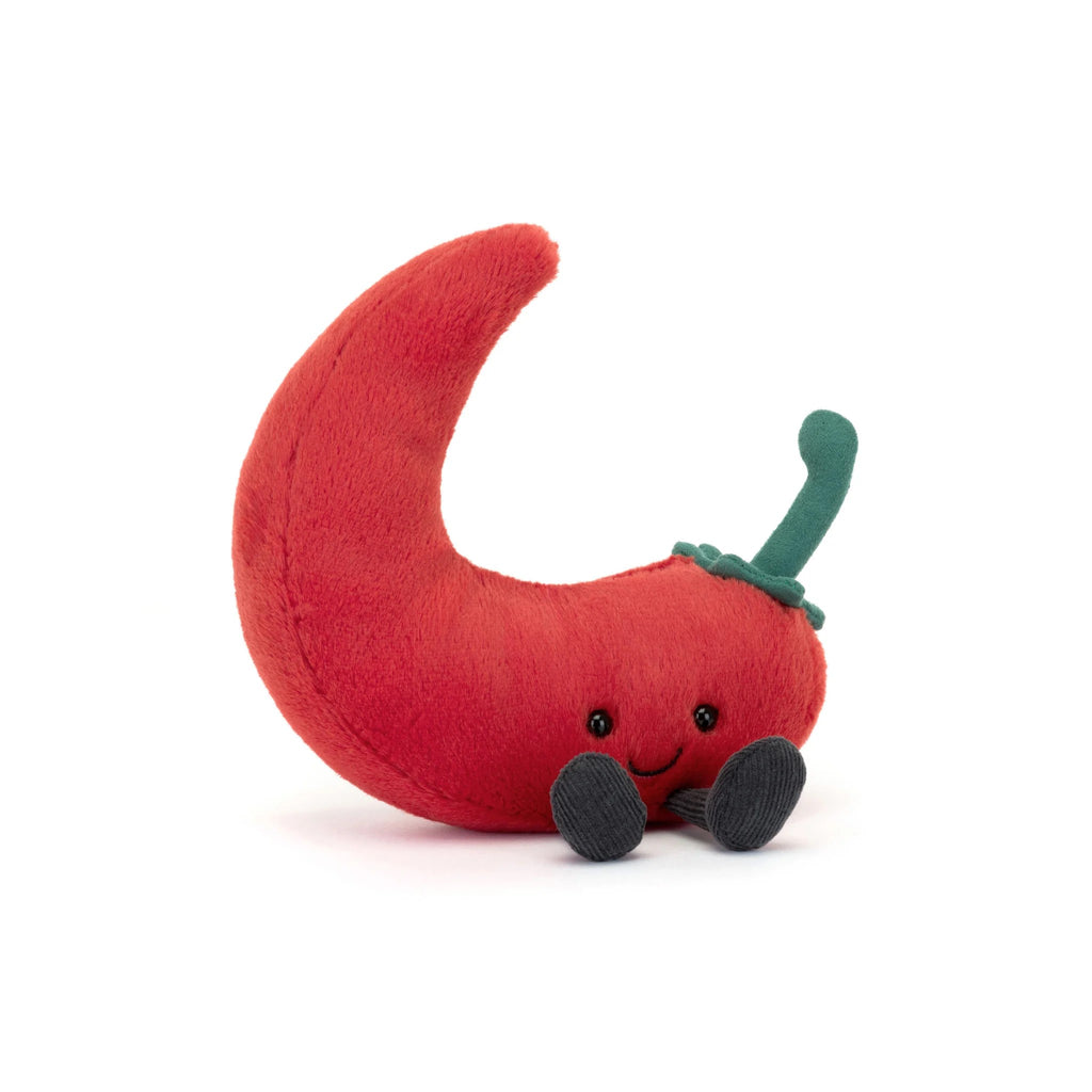 Amuseables Chilli Pepper is the hottest name right now (and not just on the Scoville scale)! This crescent pepper has fiery red fur, a green suedette stalk and dark cocoa cord boots, with a beany base for sitting up straight. A kitchen mascot for any foodie! Dimensions: 6.7in x 5.1in x 2in. Suitable from birth.