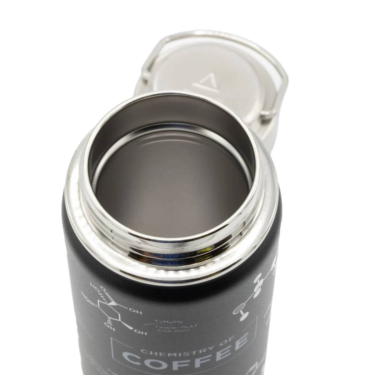 Black thermos with 'Chemistry of Coffee' text on a white background