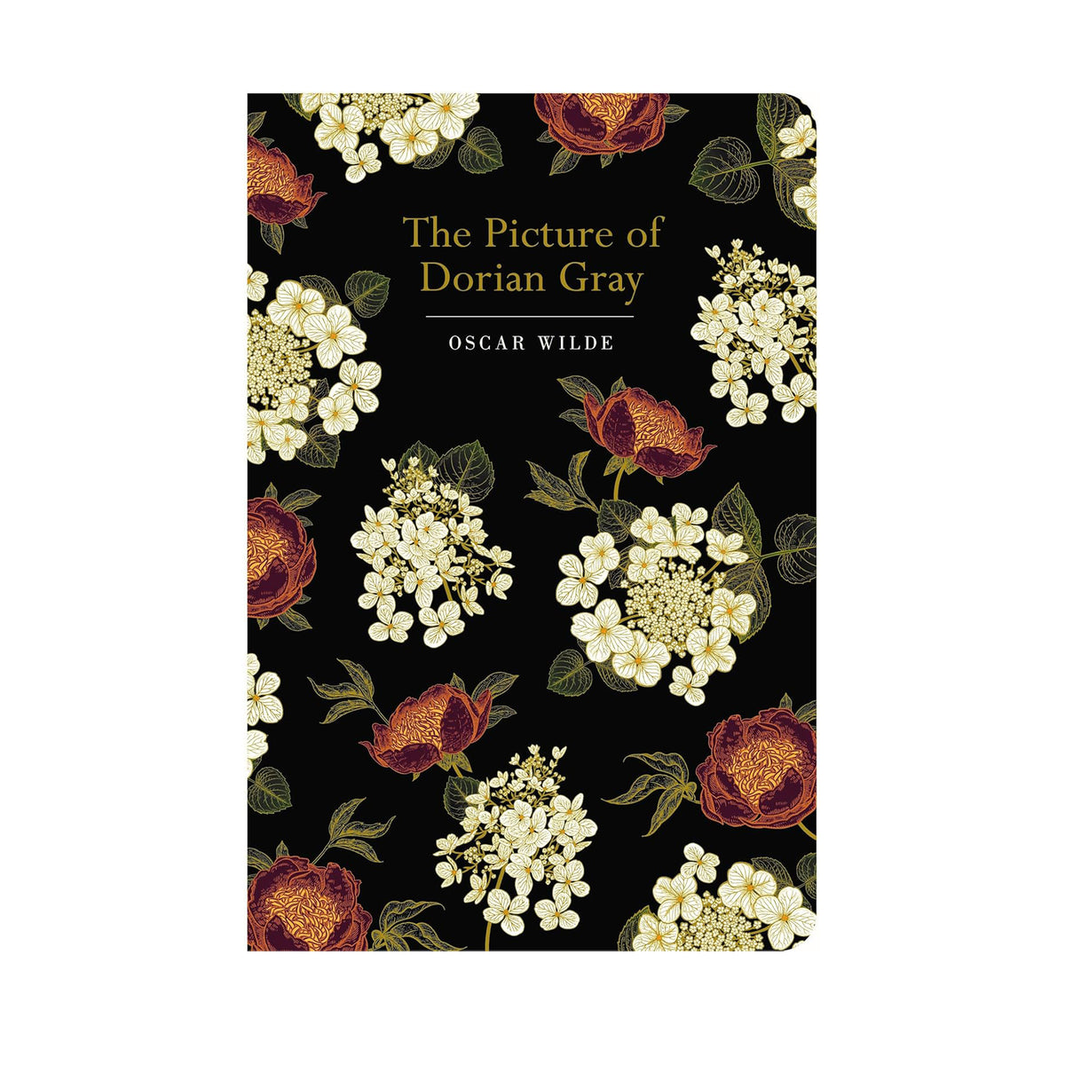 Book cover of &#39;The Picture of Dorian Gray&#39; with floral design on a black background