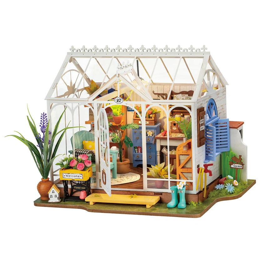 Build this kit and see a whimsical garden house come to life. As you build, it will fill up with fragrant herbs, vibrant flowers, thriving succulents, and more! With LED lighting, wiring, a battery box, and detailed instructions, this DIY model kit is a fun and engaging project for teens and adults. Dimensions (once assembled): 9.6" x 7.5" x 7.5" 