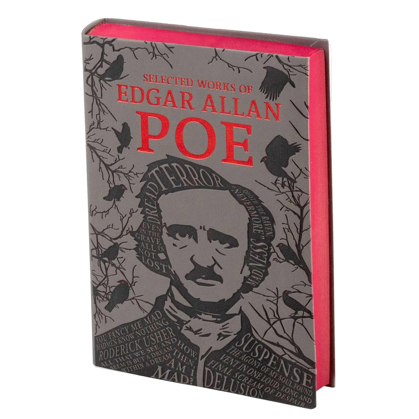 Book titled 'Selected Works of Edgar Allan Poe' with a cover featuring Poe's portrait and text.