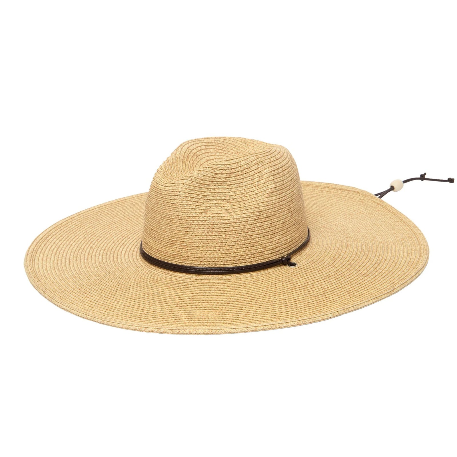 Pinched Crown Wide Brim Hat: UPF 50+ sun protection, inner stretch band, adjustable chin cord. Perfect for outdoor adventures. 75% paper, 25% polyester.