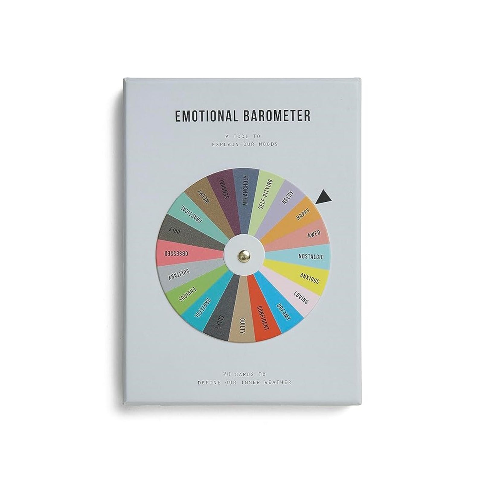 Emotional Barometer card deck in a light gray box, featuring a colorful circular wheel with labeled mood categories and a black pointer arrow.