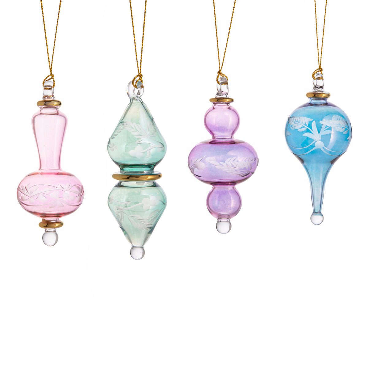 Set of four colorful glass ornaments on a white background