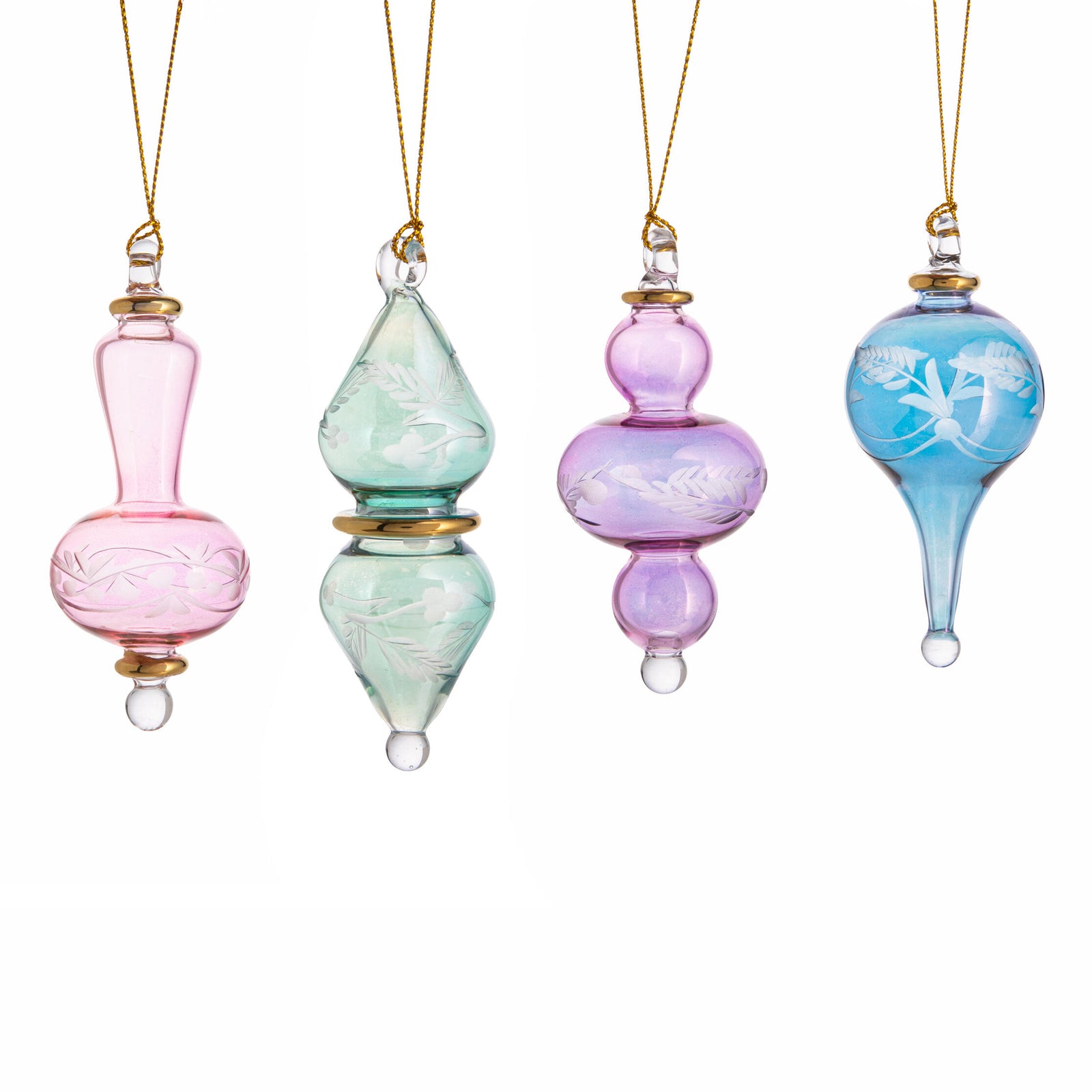 Set of four colorful glass ornaments on a white background