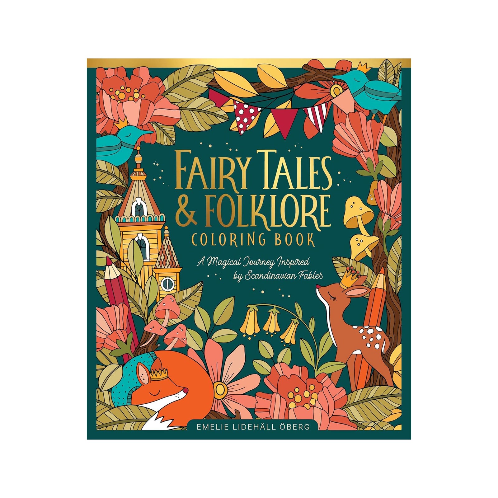 Colorful book cover of 'Fairy Tales & Folklore Coloring Book' with animals and foliage.