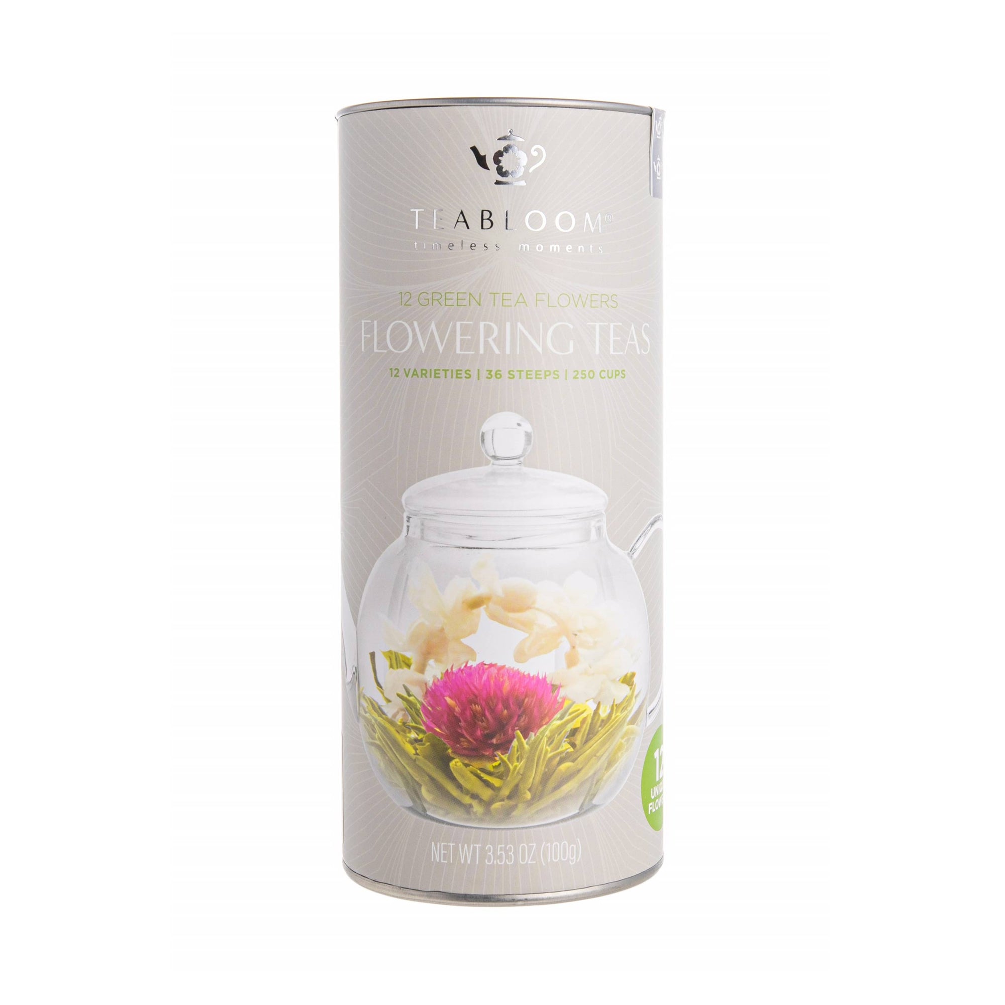 Are you ready to take your green tea to the next level? Turn your tea into a botanical art piece with this set of 12 flowering teas made of the highest quality green tea leaves. The flowering tea selection includes Heart Bouquet, Jasmine Lover, Golden Oasis, Floral Passion, Sunset Love, Fairy Lily, Eternal Love, Rising Spring, Shooting Star, Fireplace Bloom, Dancing Leaves, and Enchanting Beauty.