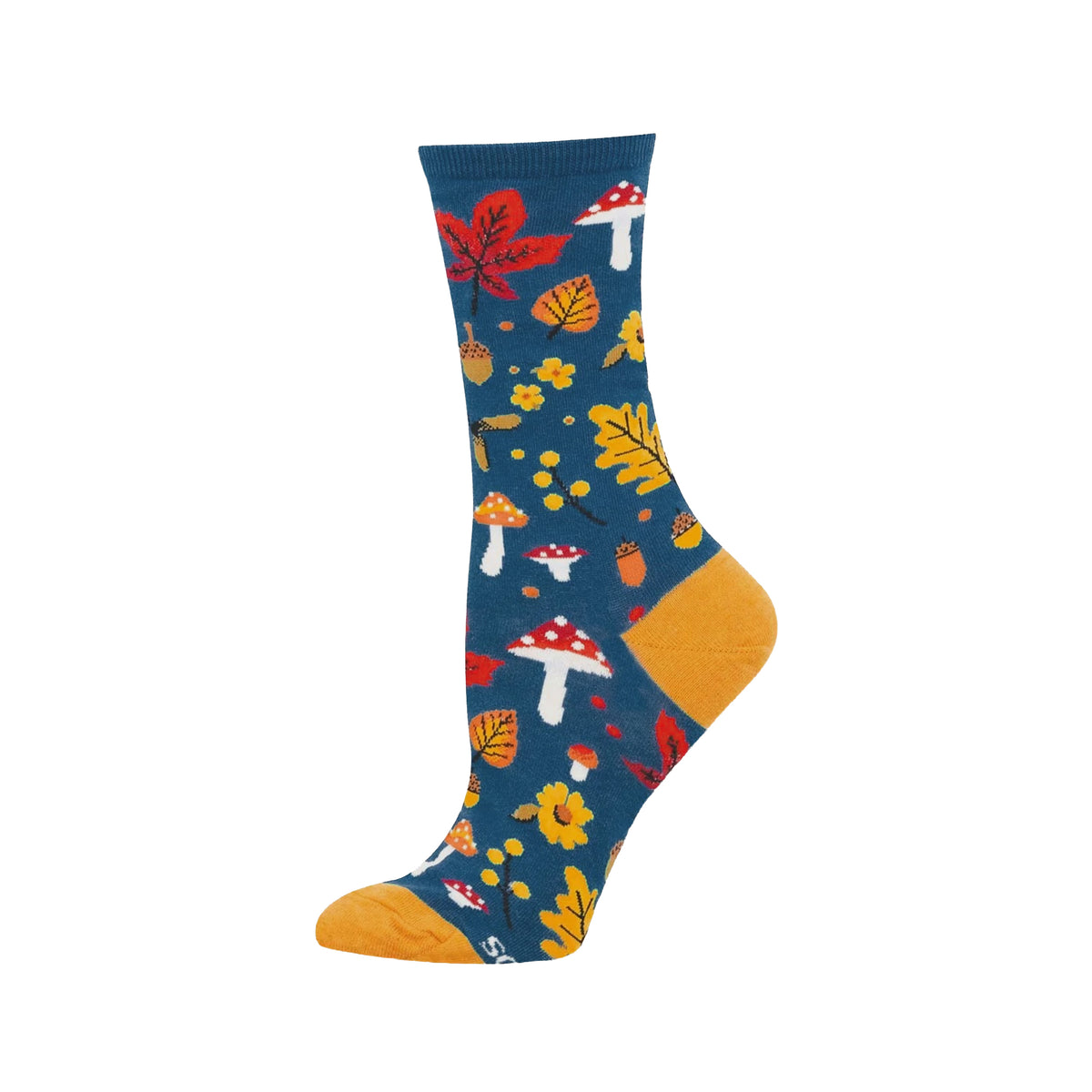 A single crew sock with a dark blue background featuring an autumn-themed pattern of red and yellow mushrooms, red and yellow leaves, acorns, and small yellow flowers, with solid yellow toes and heel.