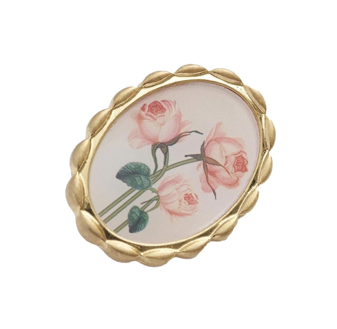 Pin on a piece of history with this Framed Roses Brooch. Featuring Dr Robert John Thornton's painted rose illustrations from England’s Natural History Museum archives, this Victorian-inspired brooch is set in a timeless gold-tone oval hand-carved frame.