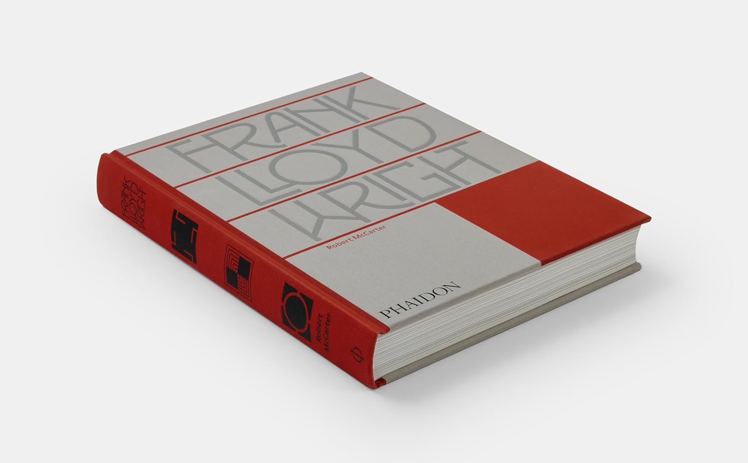 Book cover of 'Frank Lloyd Wright' by Phaidon with red and gray design.